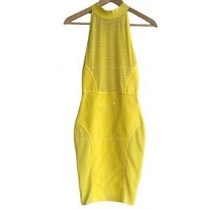 bright yellow mesh bodycon stretch halter cocktail dress unbranded